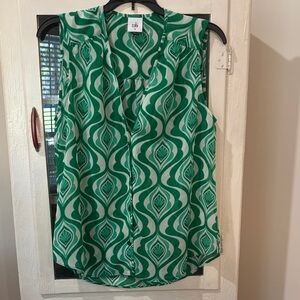 CAbi Green and White Patterned Blouse